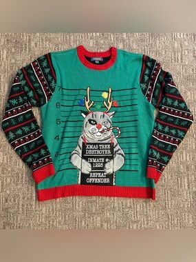 Naughty Christmas Kitty Cat Ugly Christmas Sweater men’s size 2XL, front pocket